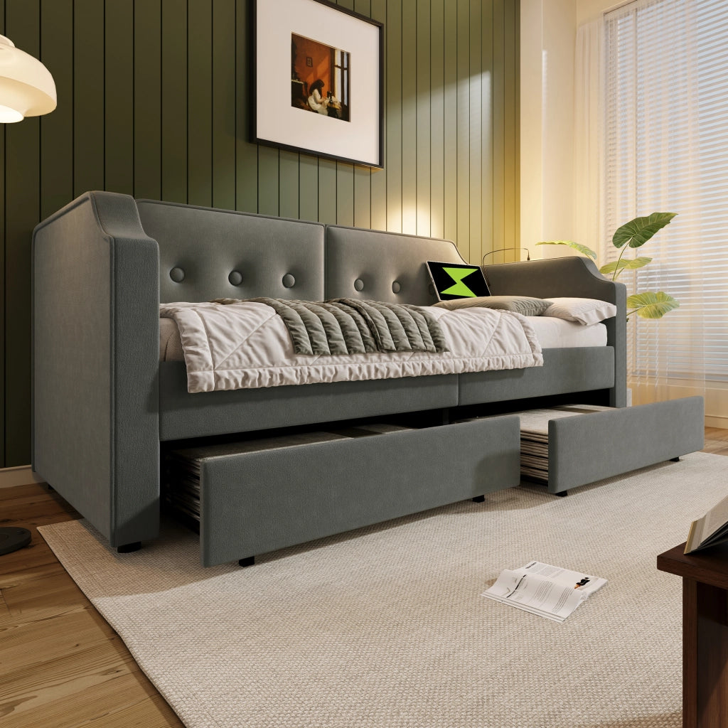 LETTO 90x200 cm in velluto grigio con 2 cassetti, USB Type-C e lampada da lettura
