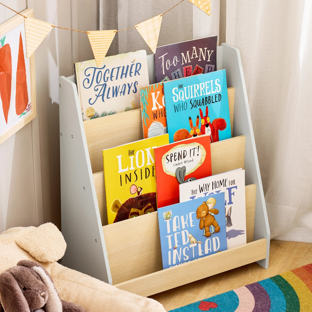 SoBuy Libreria per Bambini Scaffale a Scala Scaffale Portaoggetti Libreria a Scala Grigio-Naturale 61x30x71cm KMB106-HG