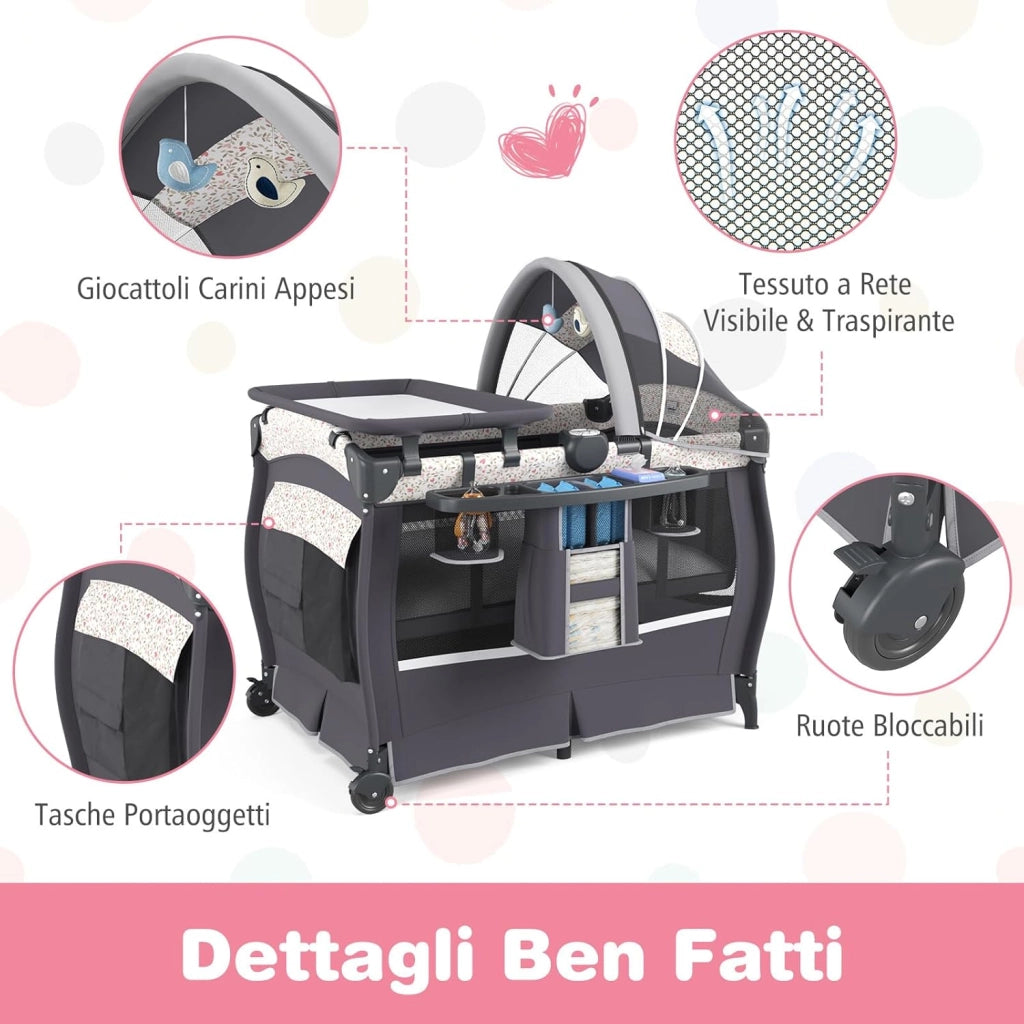 4 in 1 Lettino Neonato con Materasso, Culla da Campeggio con Fasciatoio Cappottina Regolabile, Ruote Bloccabili, Box Piechevole per Bambini 0-36 Mesi (Fiore Piccolo)