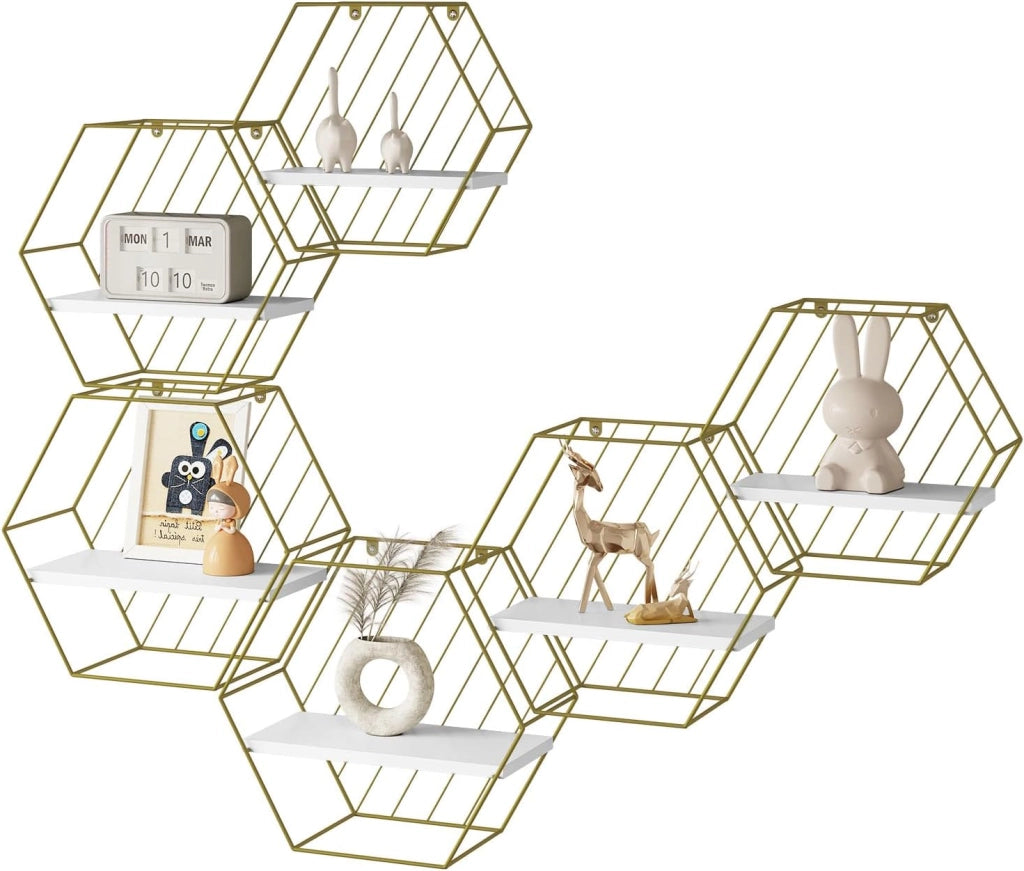 Set di 6 Mensole da Muro, Mensole Sospese per Cameretta, Cucina, Bagno, Decorazione da Parete per Soggiorno, Pannello Bianco+Telaio Dorato, MDF+Metallo