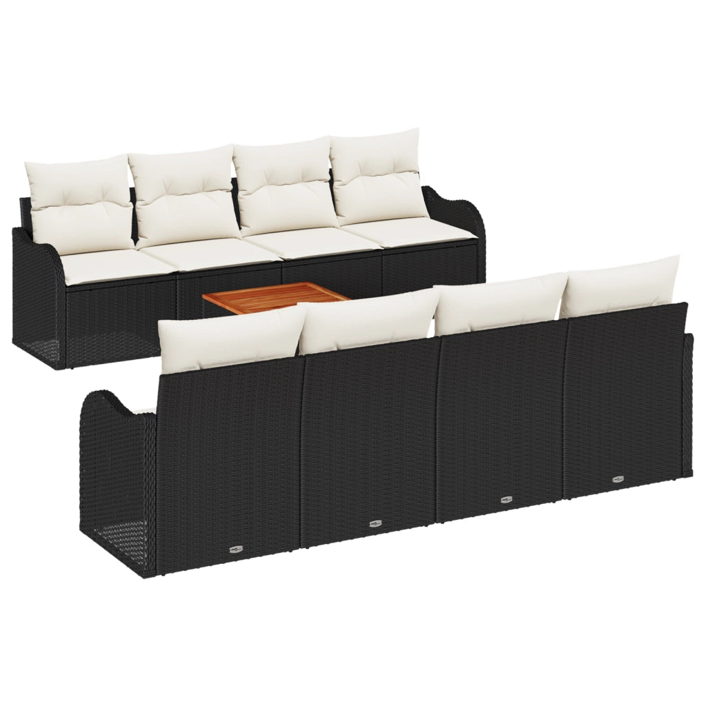Set divani giardino 9 pezzi con cuscini neri in polyrattan e acacia