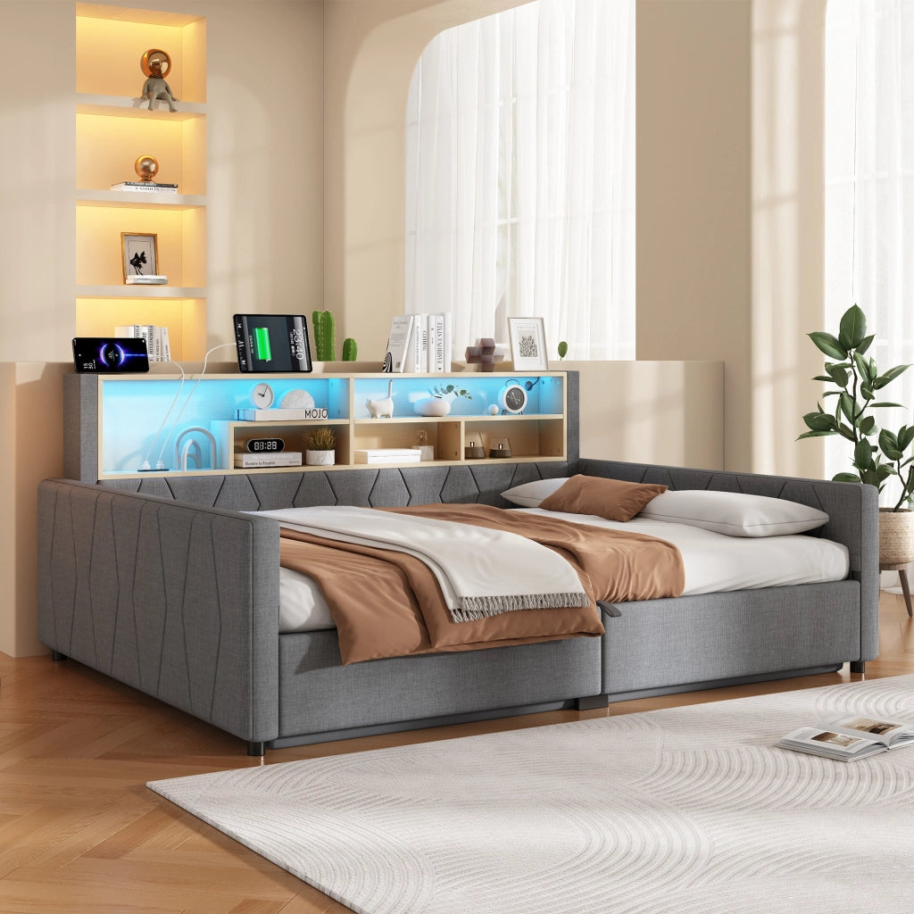 Letto contenitore 140x200 in lino grigio con luce LED regolabile