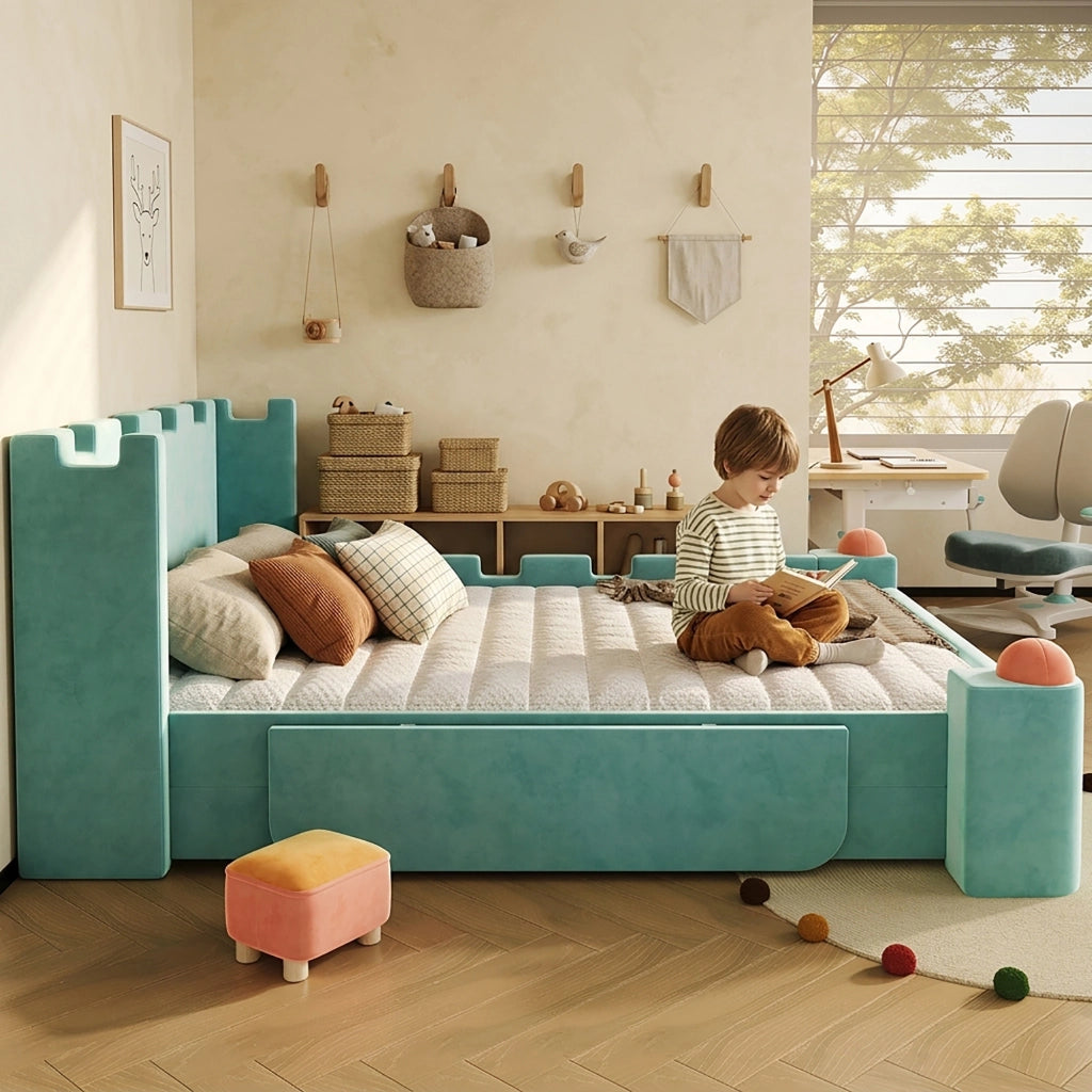 Letto per Bambini 140x200 cm; Matrimoniale con Ripiano pieghevole e Cassetto; Blu Verde