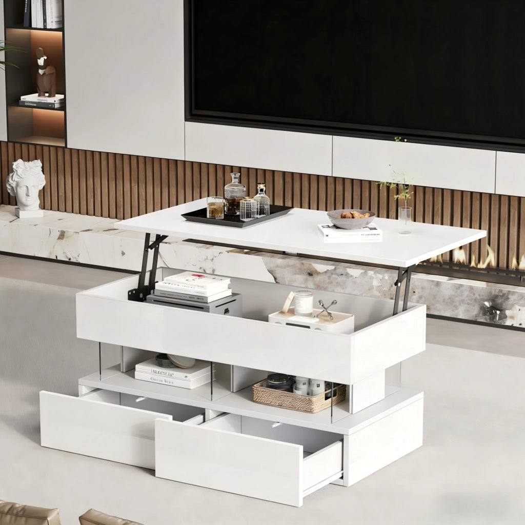 Tavolino da salotto sollevabile 100 x 50 x 46 cm bianco in MDF con LED e 2 cassetti
