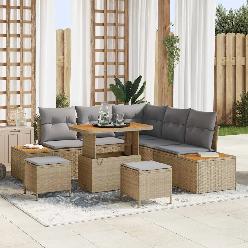 Set Divano da Giardino con cuscino 8 pcs Beige Poly Rattan