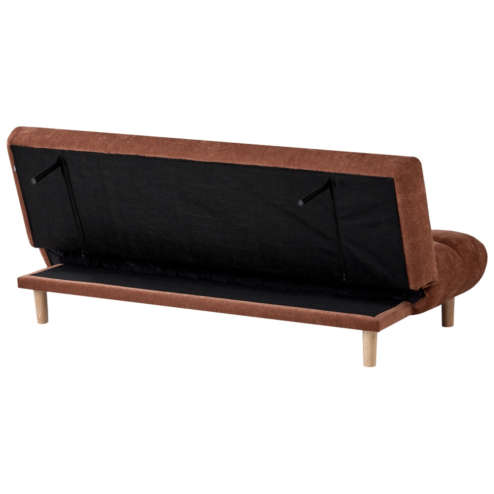 Divano letto marrone dorato rivestito in tessuto con gambe in legno 2 posti schienale trapuntato seduta imbottita design moderno senza braccioli