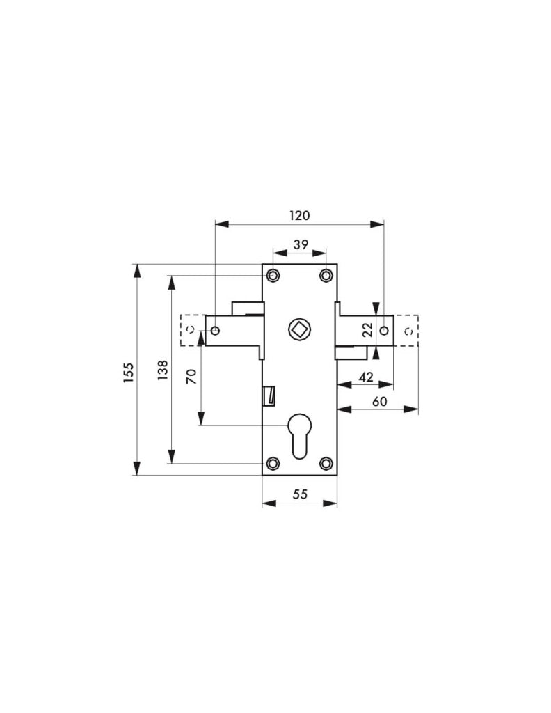 Serratura per porta basculante 2 punti destra e sinistra, a cilindro europeo, garage, 60x160mm, quadro 8mm, zincato - THIRARD