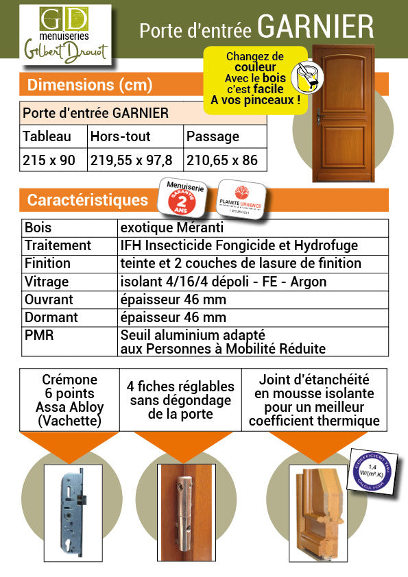 Porta d'ingresso Modello Garnier Poussant Droite 215 X 90 (Cote Tableau)