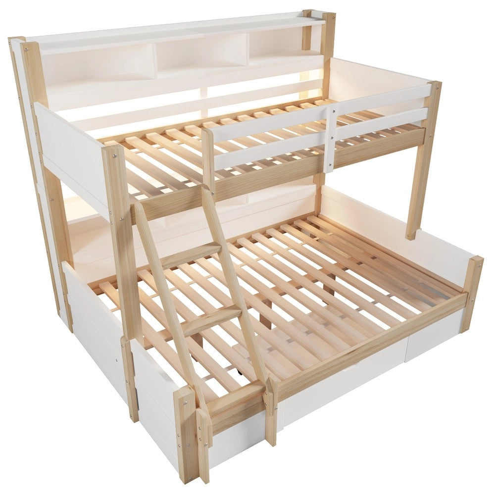 Letto a Castello 90x200 + 140x200 con LED e Cassetto ¨C Xylo ¨C Bianco e Naturale