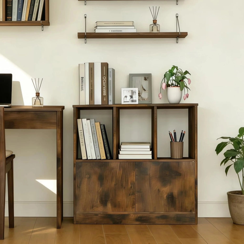 Libreria Scaffale con Ante con Chiusura Magnetica a Pressione, Libreria da Terra con Dispositivo Antiribaltamento, Mobile Portaoggetti per Soggiorno, Ufficio, Studio, 70x30x70cm (Marrone)