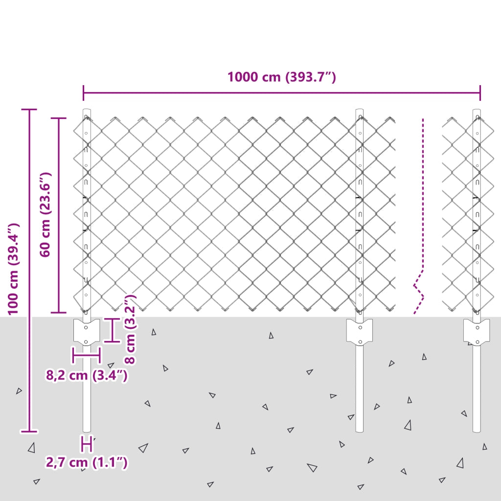 Recinzione a Rete con 10 Pali U Argento 0.6x10 m Acciaio