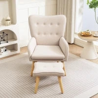 Poltrona con Poggiapiedi, con Schienale Alto, Gambe in Legno Trapuntate e Rivestimento in Lino, Beige