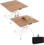 Tavolo da campeggio in alluminio, tavolo da picnic pieghevole da 2 pezzi, design estensibile, piano in legno venato, con borsa per il trasporto, cuscinetti antiscivolo per piedi