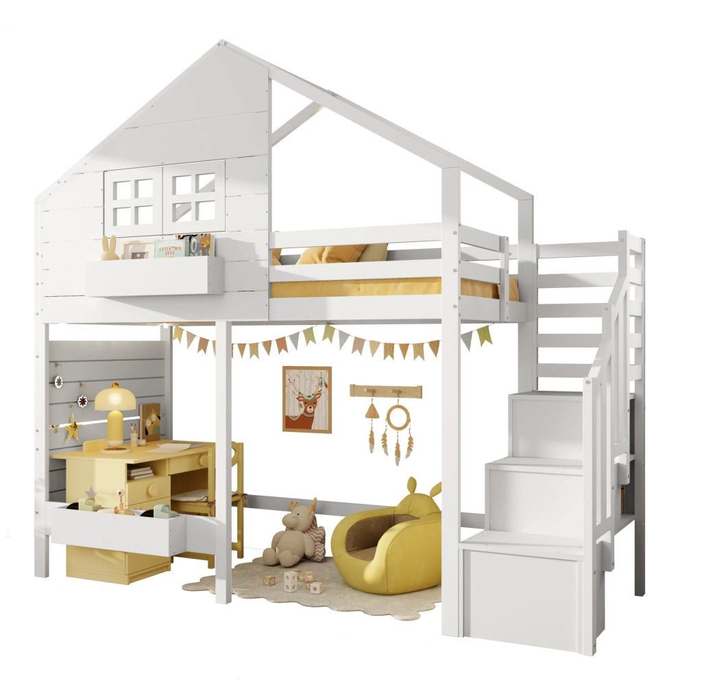 Letto a castello per bambini 90x200 cm con scala contenitore; finestra e struttura in pino bianco