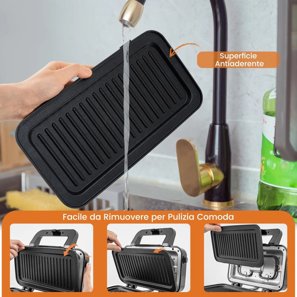 3 in 1 Tostapane Piastra, Griglia Elettrica Rimovibile 1200W, con Spie Indicatrici e Manico Cool Touch, Riscaldamento Bifacciale con 5 Livelli di Temperatura, Piastra Antiaderente, 29x31 cm