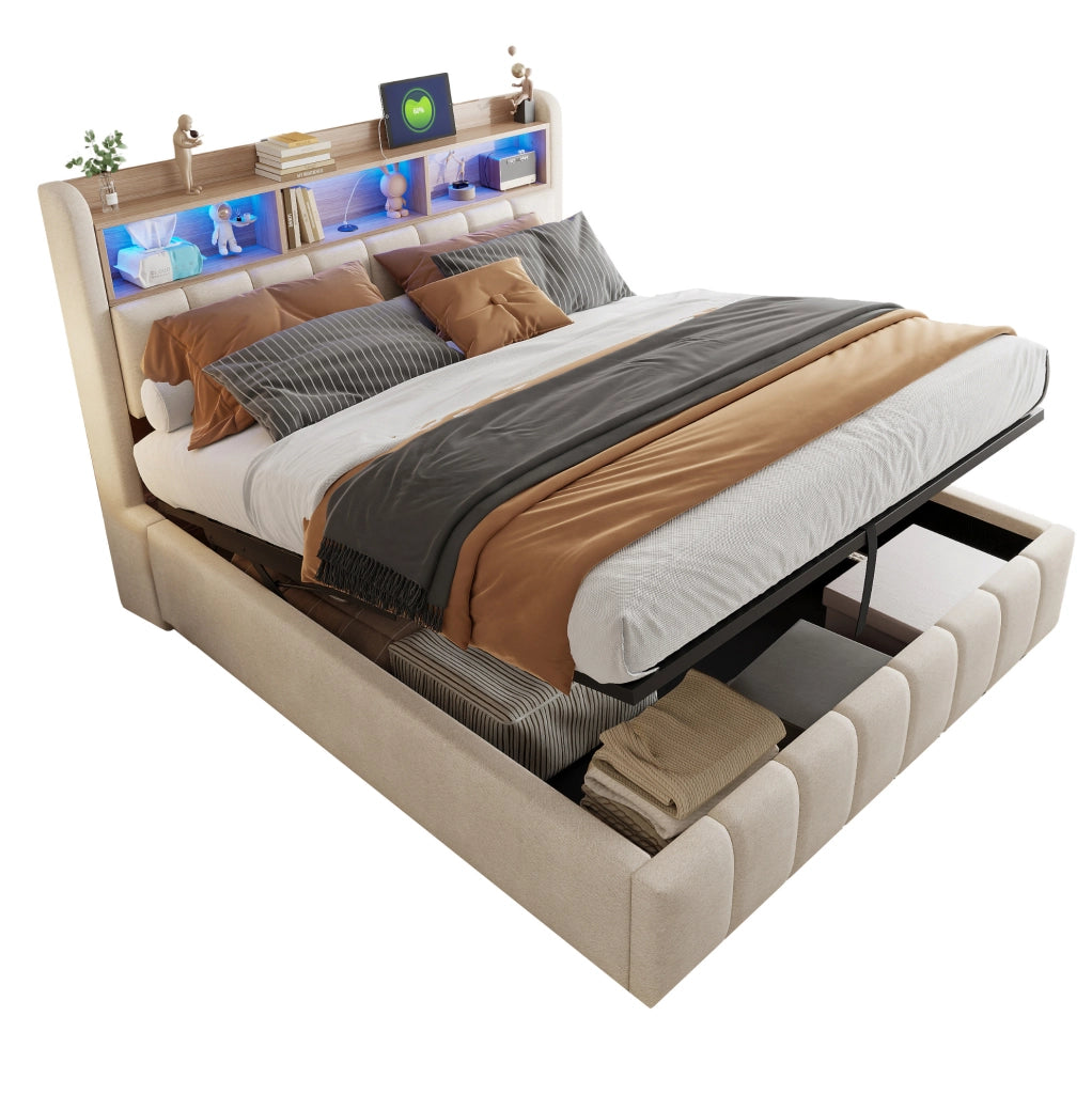Letto matrimoniale imbottito 180x200 cm con LED; USB e contenitore; in lino beige