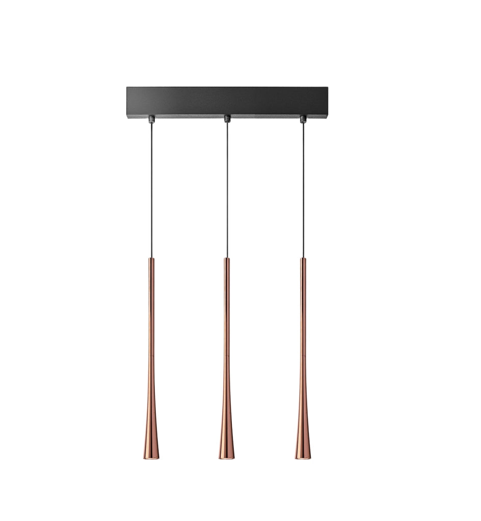 Dafne S/3P Lampada a Sospensione Multipla Lineare 3 Luci LED 16,5W 3000K CRI>90 - Rame con Rosone Nero - Gealuce
