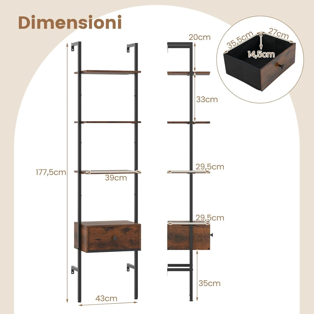 Libreria a Scala a 5 Ripiani con Cassetto in Tessuto, Scaffale da Parete Salvaspazio in Legno, Scaffale Portaoggetti per Soggiorno, Studio e Camera da Letto, 43 x 30 x 178 cm, Marrone