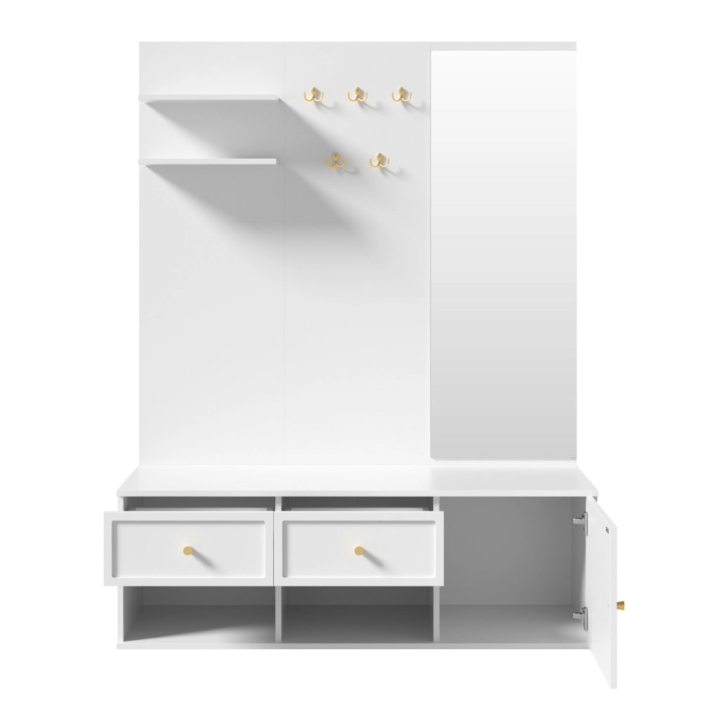 Set guardaroba 120.0x35.0x159.0 cm con specchio e 5 ganci in truciolato bianco