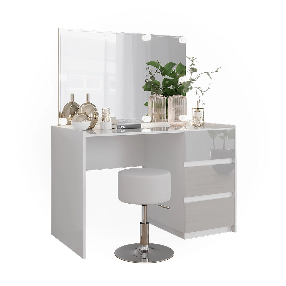 Vicco Tavolo da toilette Bianco lucido 120 cm con specchio, sgabello, luci fiabesche a LED