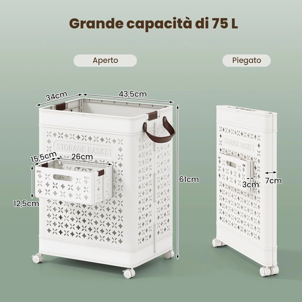 Cesto Portabiancheria Grande 75 L, Cesto in Plastica 43,5 x 34 x 61 cm con 4 Ruote e Cestino per Biancheria Intima e Maniglie, Borsa da Bucato, Bianco