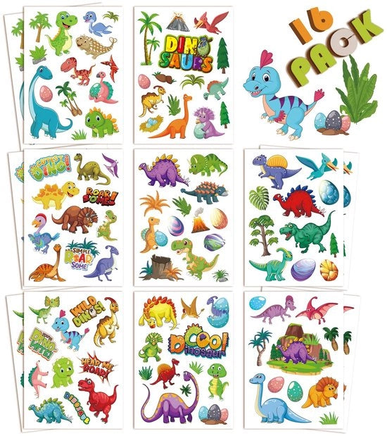 Sticker Dinosauri Acqua-Resistenti - 16 Fogli - 196 Pezzi - Sticker Cartone - Sicuri per i Bambini - Facili da Applicare