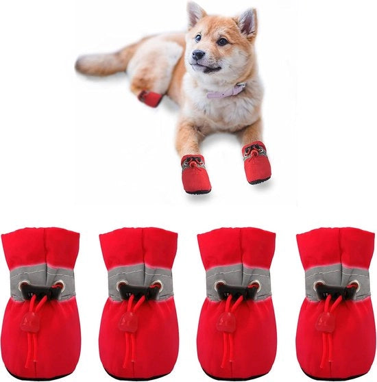 Calzature per animali - scarpe per cani - per cani piccoli e medi - calzature protettive antiscivolo per cani - suola Oxfords impermeabile morbida - suola antiscivolo esterna - con strisce riflettenti - adatta per cani piccoli e medi - set da 4 - rosso