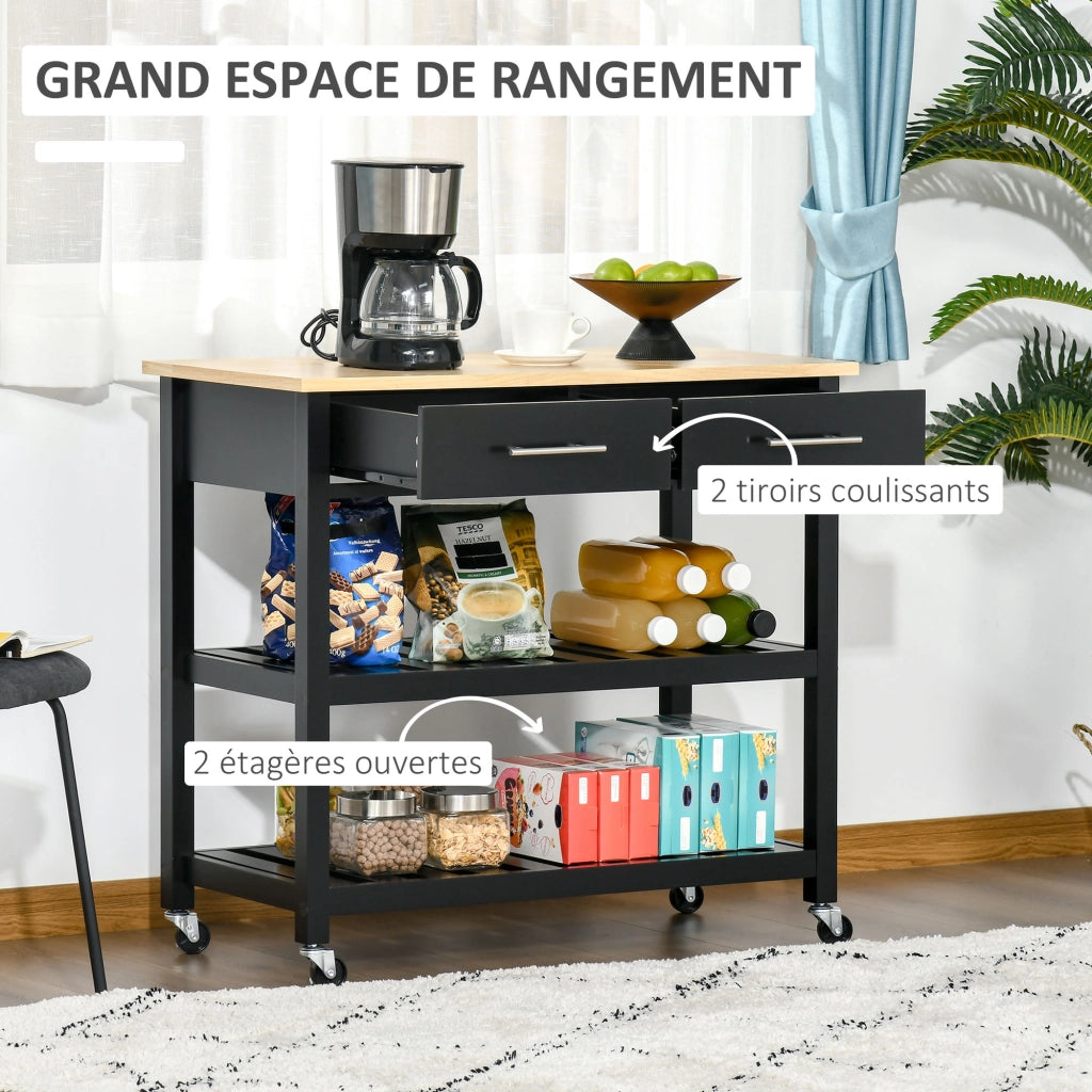 Carrello da cucina con ruote ¨C zephmum ¨C 2 ripiani, 2 cassetti, nero, legno naturale