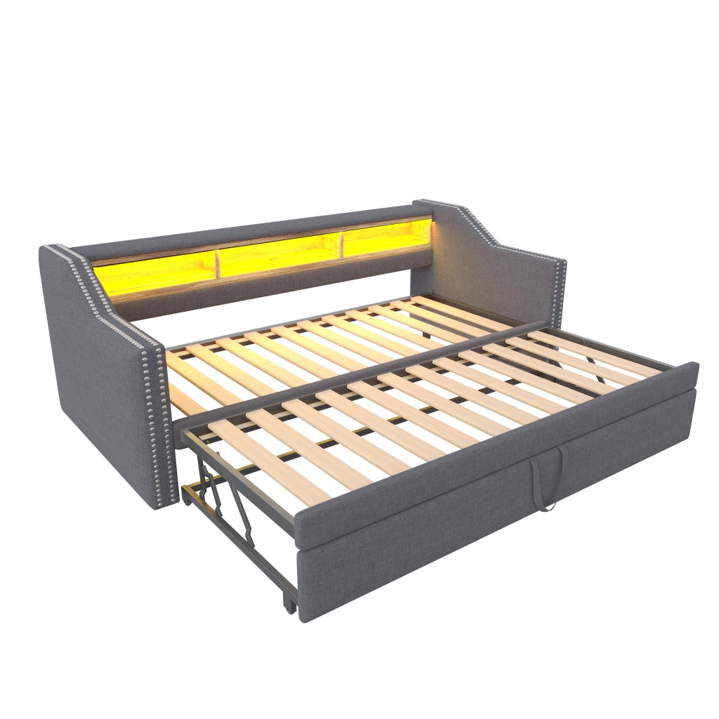 OKWISH Letto a Scomparsa Tipo Divano 90×190 cm e 180×190 cm, Letto Singolo con USB, LED Regolabile e 3 Mensole, senza Materasso, Grigio Scuro