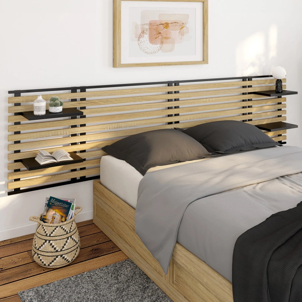 IDMarket - DETROIT Cabecero de lamas de 240 CM y estantes negros de diseño industrial