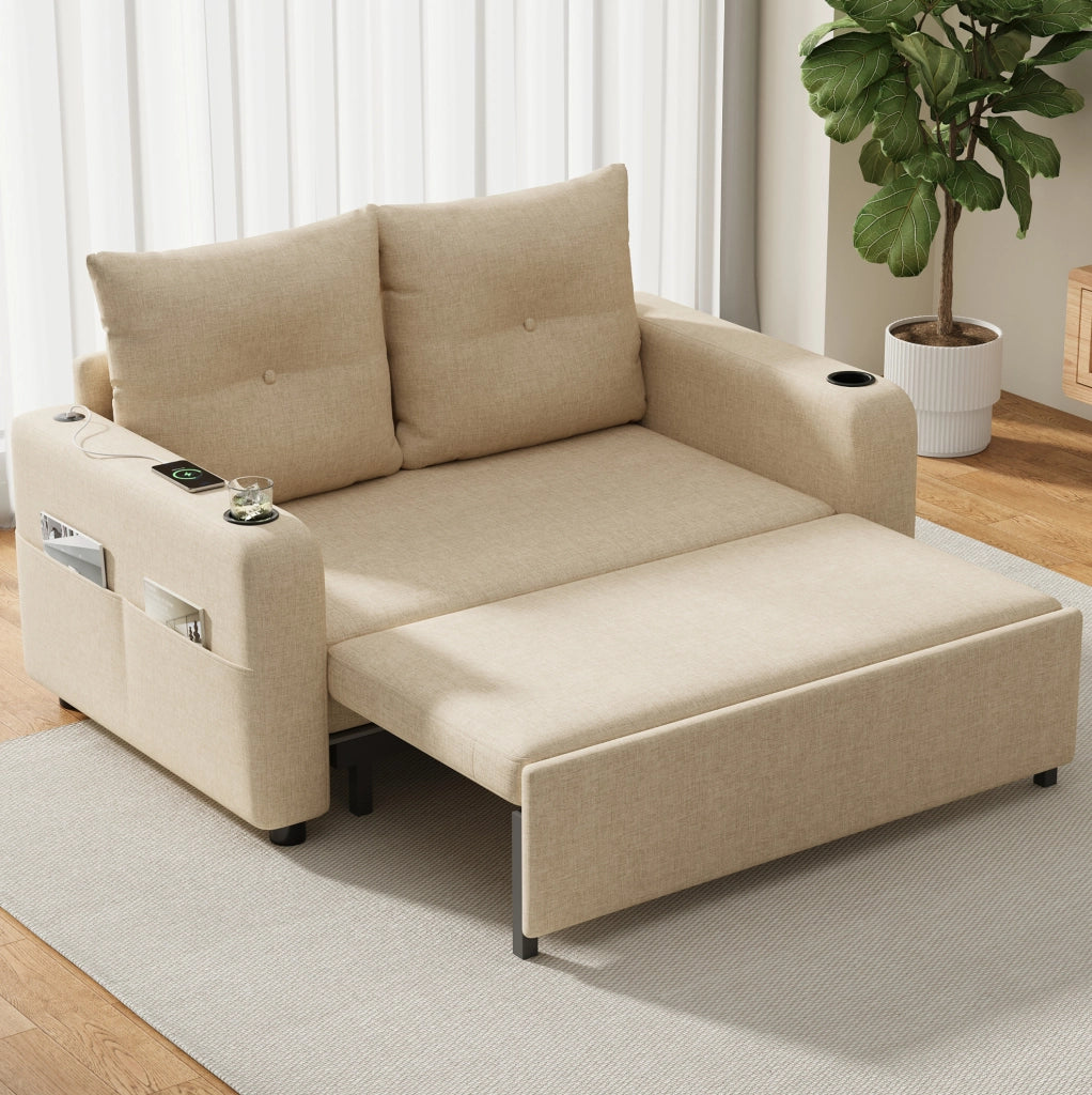 Divano letto 131x81x94 cm in tessuto misto cotone e lino beige con USB， portabicchieri