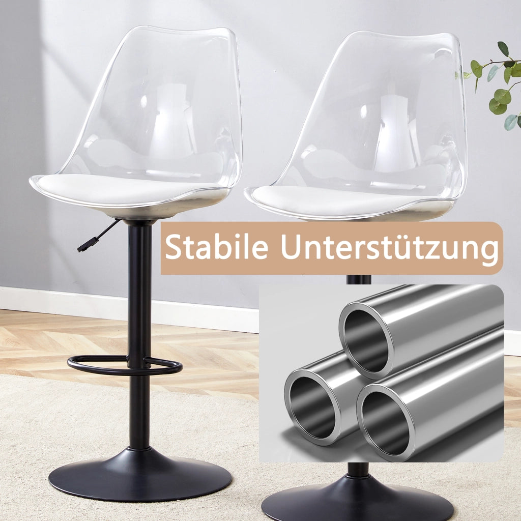Sgabello da bar girevole con altezza regolabile e schienale trasparente in plastica e metallo nero bianco