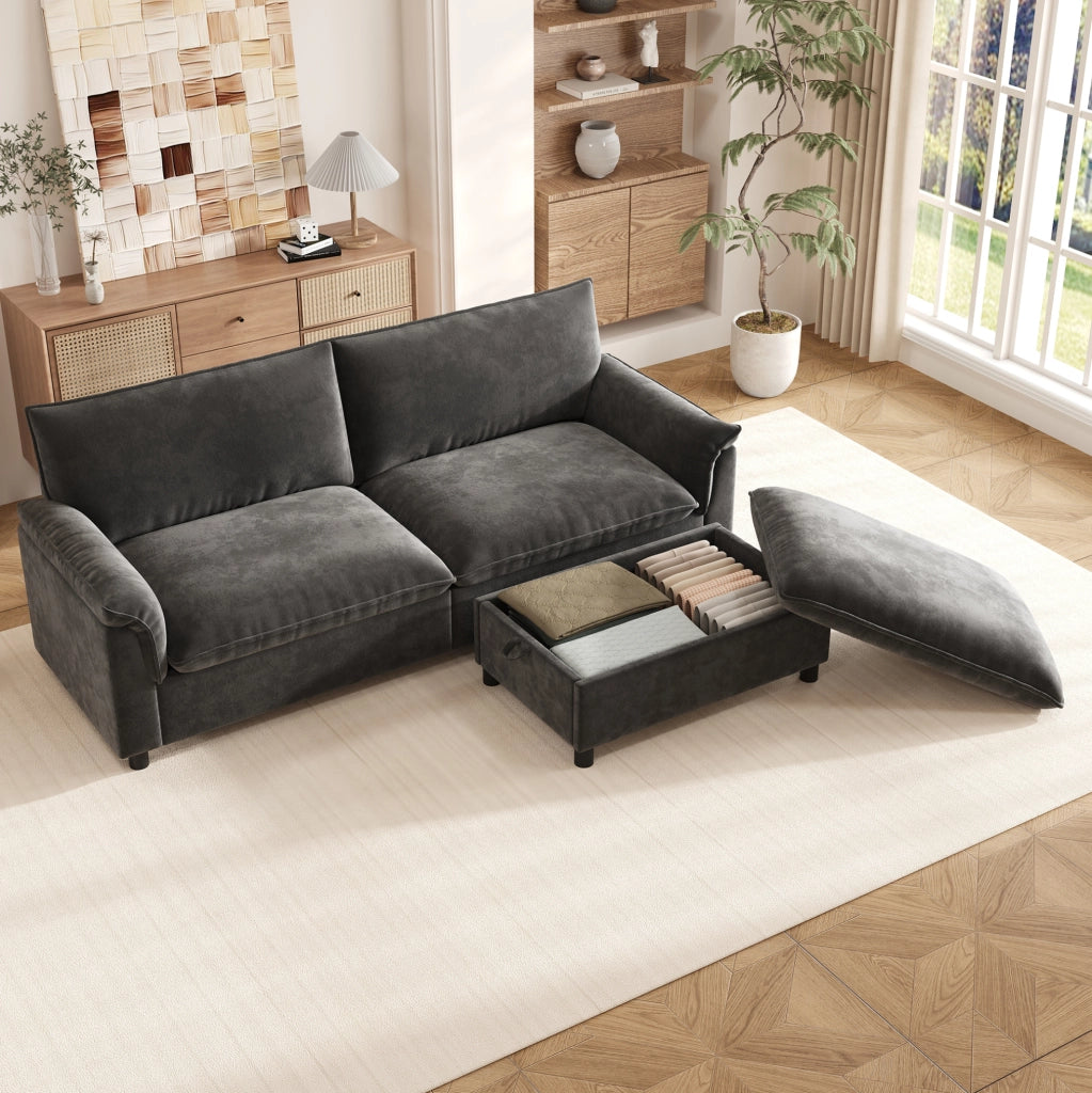 Divano modulare in ciniglia grigio con pouf contenitore 216 cm