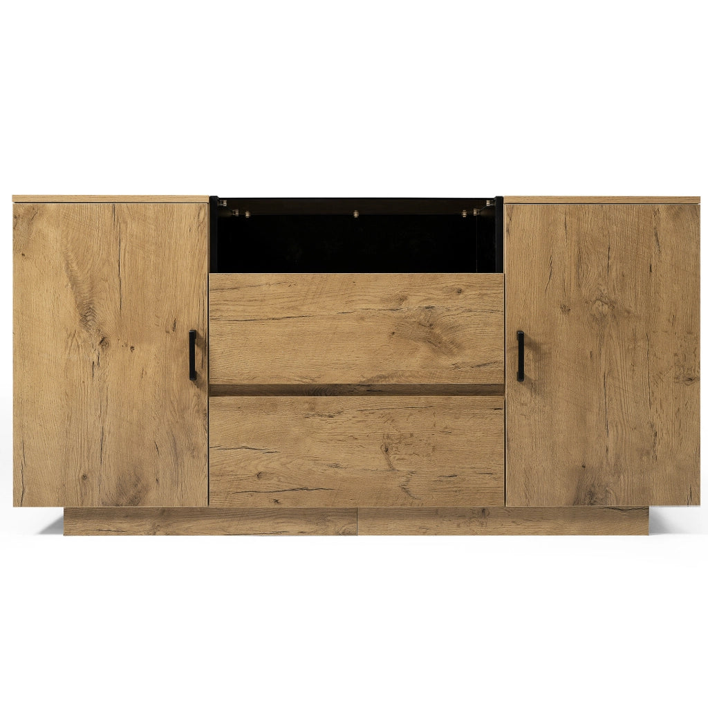 Credenza 140x40x70 cm con 2 cassetti; 2 ante e vano aperto in legno; vetro e metallo rovere chiaro