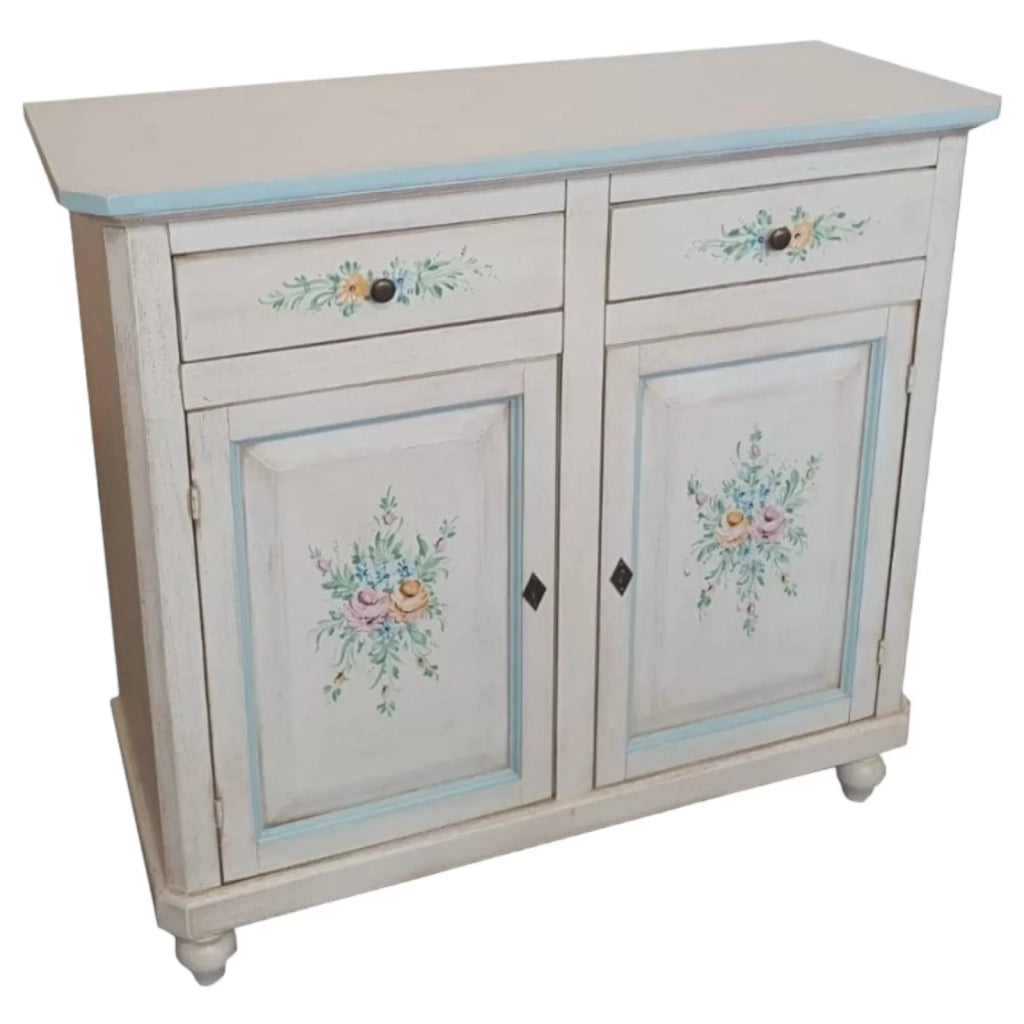 Madia credenza 2 porte bianco invecchiato decori azzurro 104x43x98 - Mobili 2G
