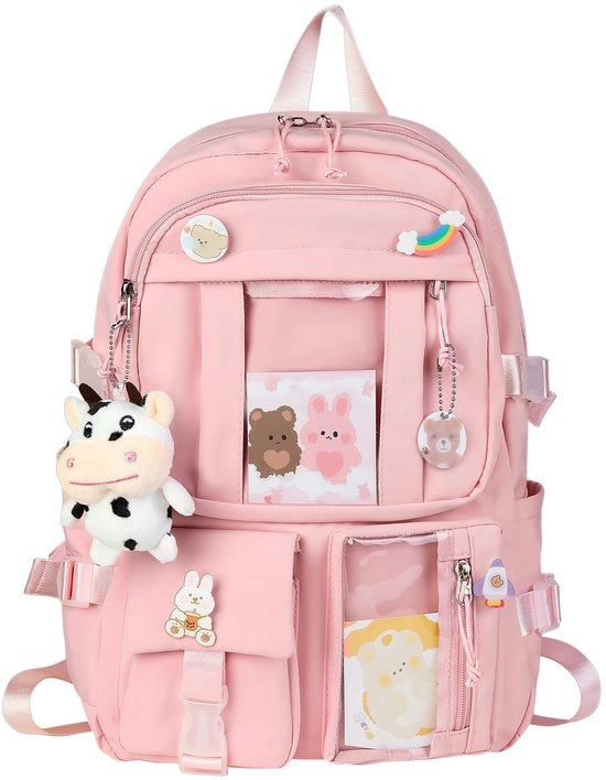 Borsa Kawaii con Accessori Pin Carini, Orsetto di Peluche Kawaii con Pin e Carta da Parola, Borsa Kawaii, Borsa Scuola (Stile 2 - Rosa)
