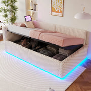 Letto imbottito 90x200 cm - Zephmum - LED, 2 USB, schienale L imbottito, velluto, idraulico, beige