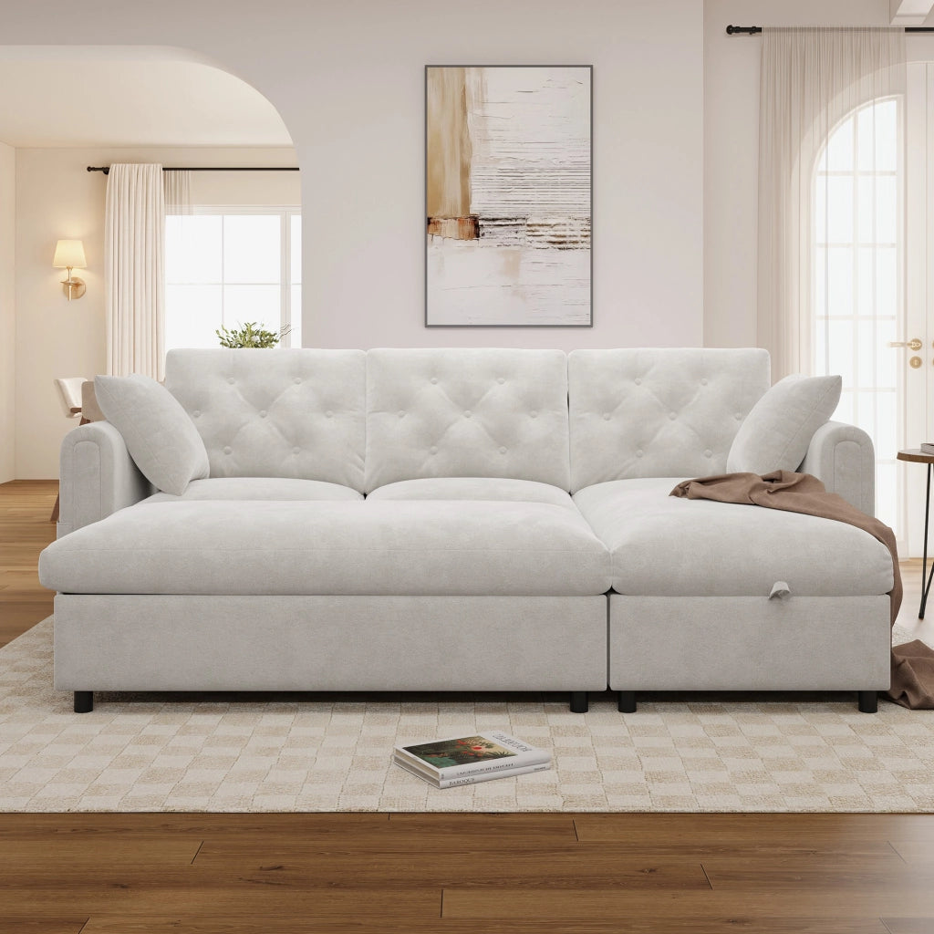 Divano ad angolo convertibile con chaise longue reversibile, pouf contenitore, in velluto, Beige