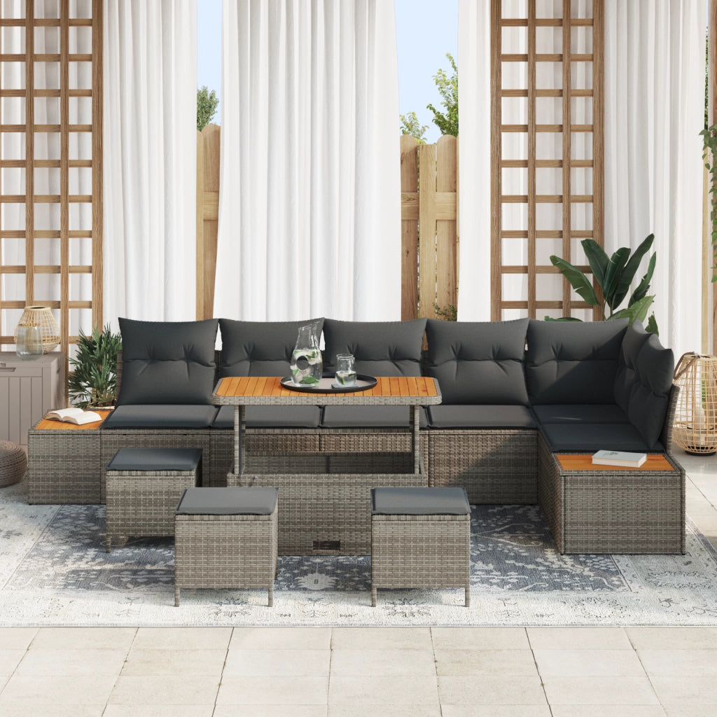 Set di divani da giardino  10 pezzi con cuscini Grigio Polyrattan Acacia