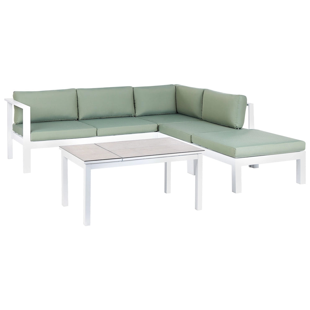 Set da giardino divano 5 posti e tavolo elevabile con struttura bianca e piano in vetro e cuscini bianchi e verdi stile moderno scandinavo
