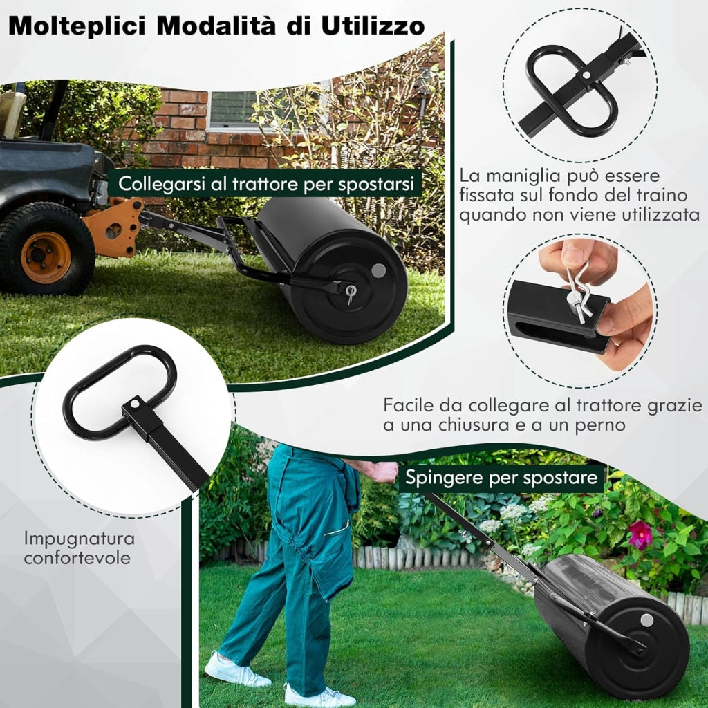Rullo da Giardino per Prato 113 L 90 x 40 cm, Rullo per Prato in Metallo Riempibile di Acqua/Sabbia con Manico Antiscivolo, Ideale per Cortile, Parco e Fattoria (Nero)