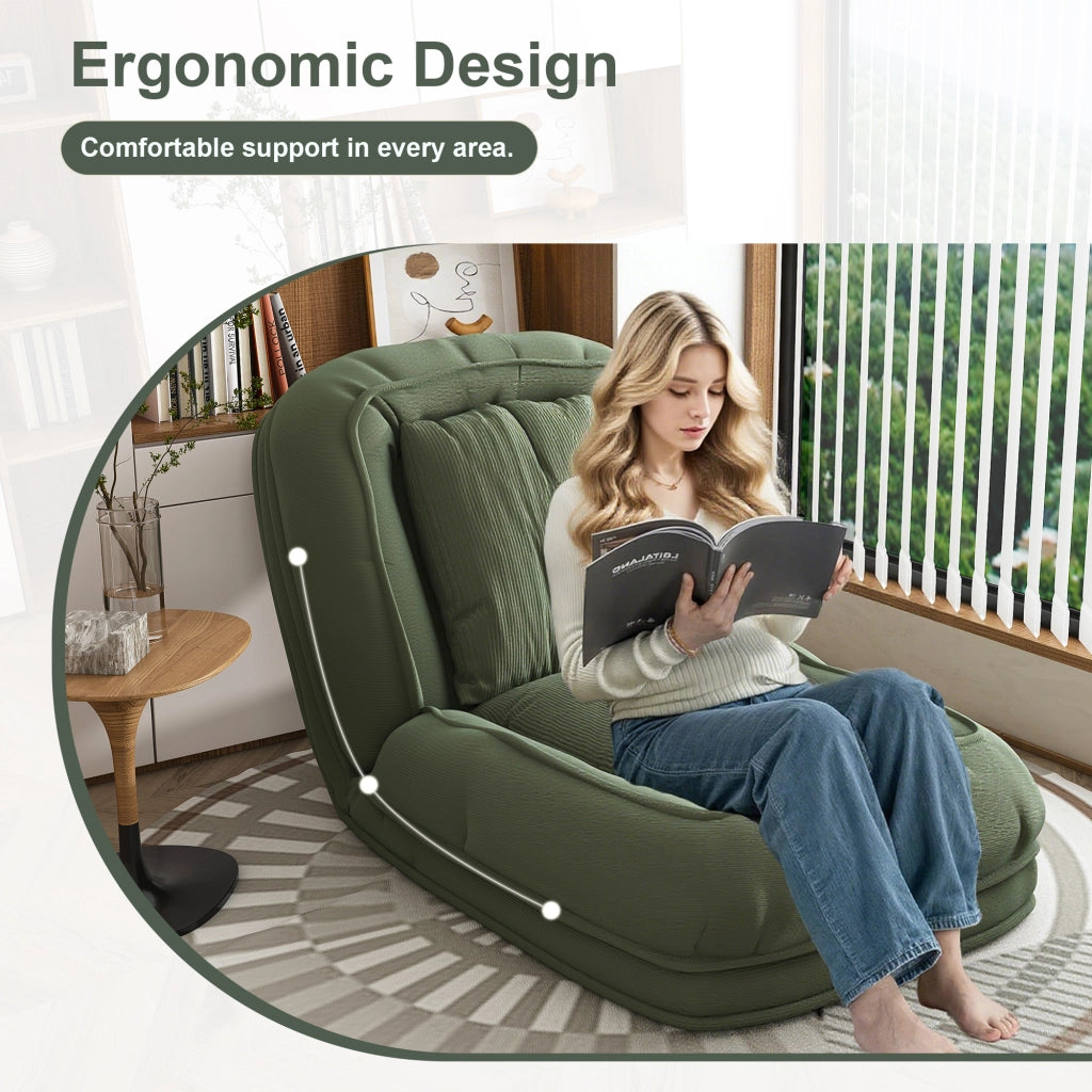 Divano letto ergonomico pieghevole con schienale regolabile a 5 posizioni, 2 cuscini e struttura in tessuto verde per soggiorno e lettura quotidiano