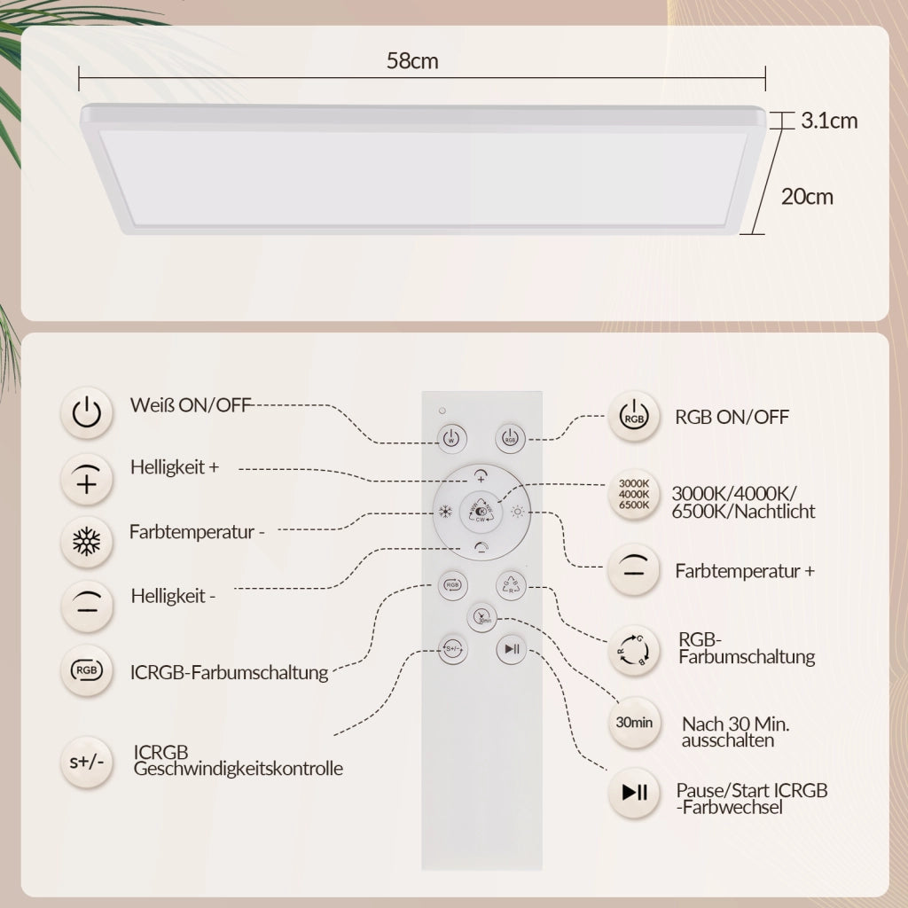 ZMH Lampada da soffitto LED Pannello Dimmabile Lungo Luce Diurna Retroilluminazione RGB Ufficio 22W per Soggiorno Bianco