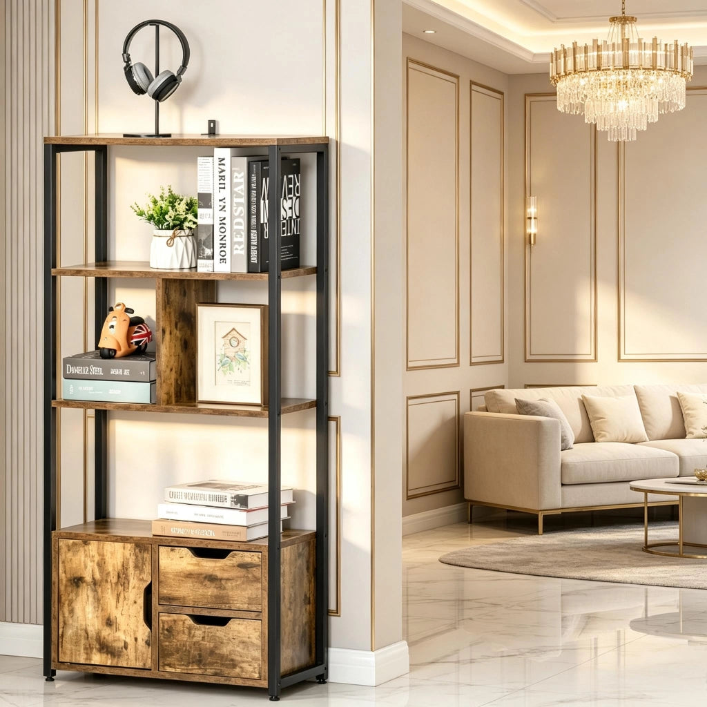 LIBRERIA 58x24x122 cm Nero ed Effetto Legno Antico con Ripiani e Armadietto