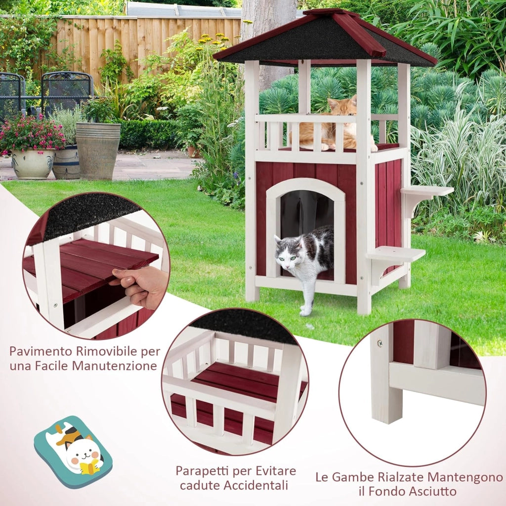 Cuccia per Gatti da Interno ed Esterno, Gasetta per Gatti in Legno a 2 Livelli con Tetto in Asfalto e 2 Piattaforme per Saltare, Casa per Gattini Impermeabile, 58 x 50 x 87 cm