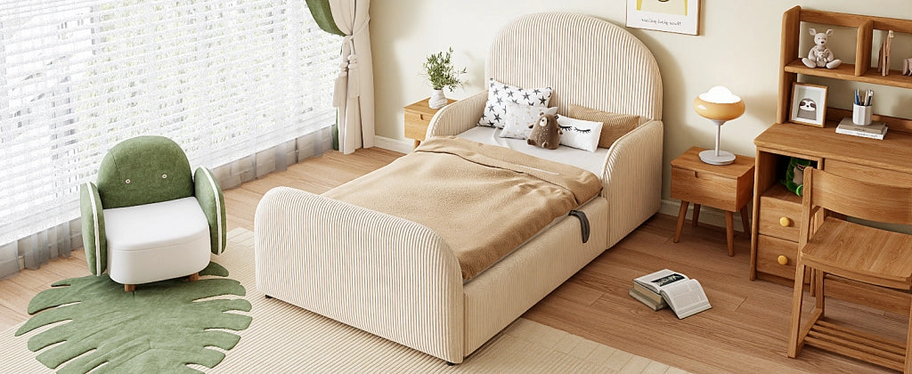 DESMIU Letto bambino 90 × 200 cm con contenitore idraulico e sponde, senza materasso, in velluto, beige