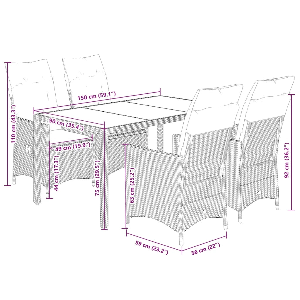 Set da Pranzo da Giardino 5 pz con Cuscini in Polyrattan Grigio 3276726