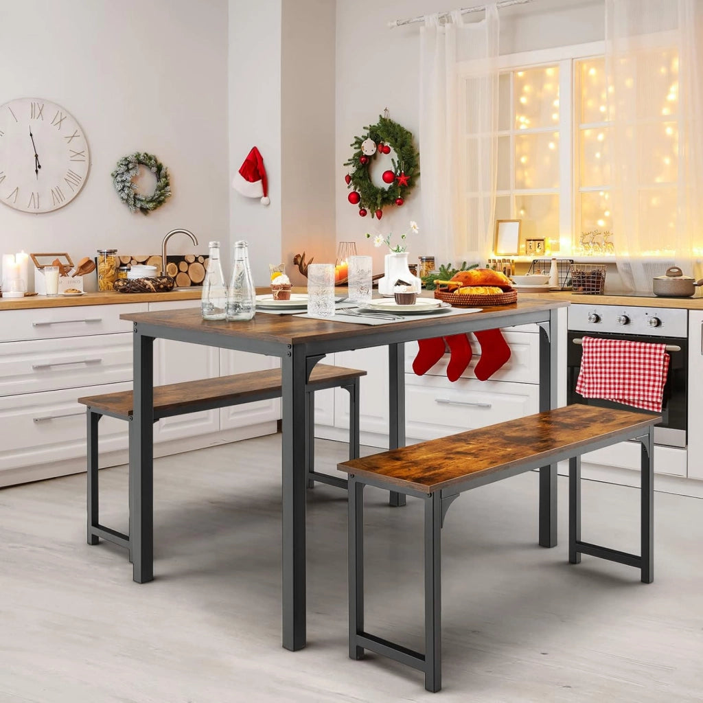 Set 3 Pezzi Tavolo e Panche da Cucina, Set Tavolo da Pranzo 110 cm e 2 Panche per 2-4 Persone con Struttura in Metallo Antiruggine, Set Tavolo e Sedie da Cucina Sala da Pranzo Birreria