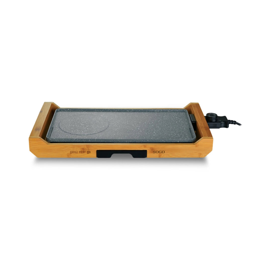 Piastra elettrica grill 43x23 cm con rivestimento antiaderente effetto pietra e base in bambù 2200W - Sogo