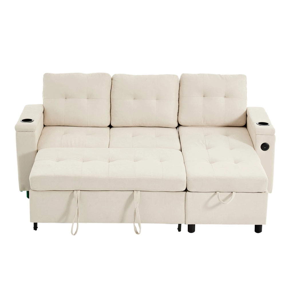 Divano letto angolare 3 posti con contenitore; LED; USB e portabicchieri in tessuto beige